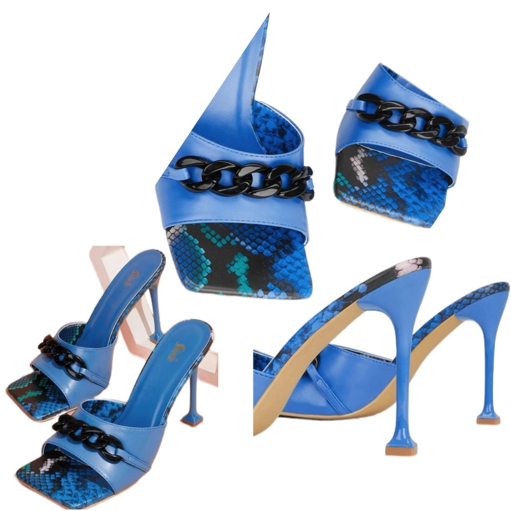 Metallic Chain Decor Snakeskin Embossed Mule Sandals